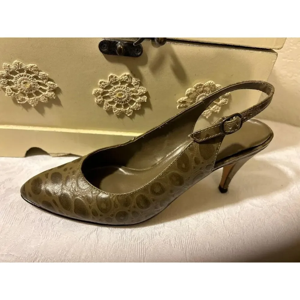 Vtg Taupe Leather Faux Croc design Sling Back Heels, Lana, Made in Brazil, SZ 7